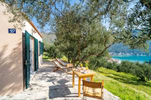 Table, chairs and sunbeds in front of the cottage