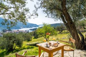 Table, chairs and view in front of the cottage